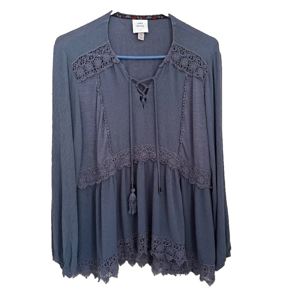 Knox Rose Blue Lace Up Peasant Blouse XL Boho Crochet Long Bell Sleeves Festival